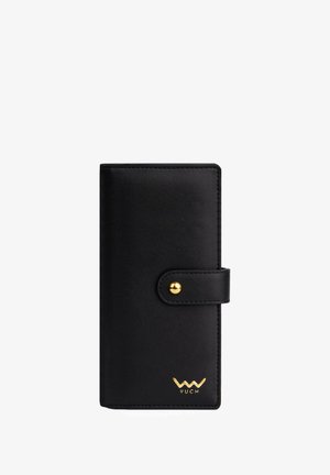 Black faux leather wallet with a smooth texture, gold snap closure, and embossed logo at the bottom right corner.