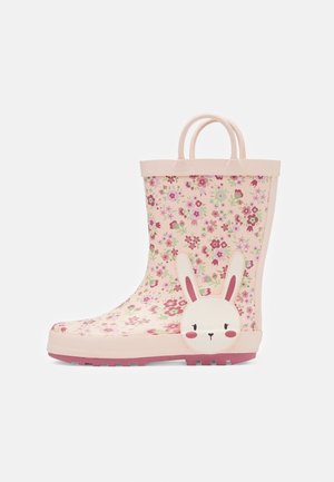 Børns pink regnstøvle med blomsterprint og kaninansigt-detalje nær sålen, med to træk-håndtag på toppen.