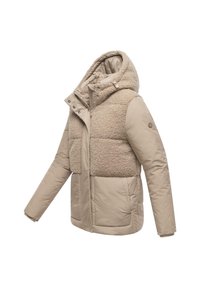 Beige jas met een gezellige fleece bovenstuk, een glad onderstuk, een capuchon en drukknoopsluiting. Inclusief zijzakken voor extra functionaliteit.