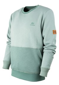 Hellgrüner Sweatshirt mit gerippten Bündchen und Saum, featuring einem nahtlosen Schulterdesign und einem dezenten bedruckten Logo auf der Vorderseite.