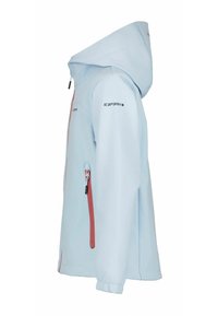 Lysblå hættetrøje i softshell med rød lodret lynlås-lomme på ærmet og "ICEPEAK" logo på skulderen og brystet.