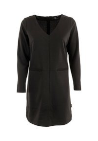 Schwarzes Langarmkleid mit V-Ausschnitt, Fronttaschen und einem Reißverschluss auf der Rückseite, auf weißem Hintergrund präsentiert.