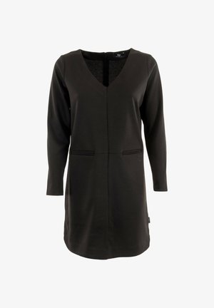 Zwarte lange jurk met lange mouwen, V-hals, opgestikte zakken aan de voorkant en een rits aan de achterkant, gepresenteerd op een witte achtergrond.