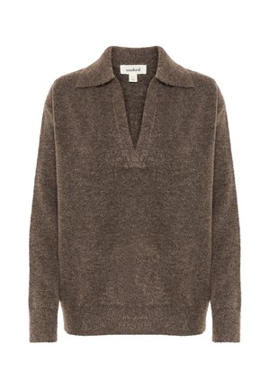 Brauner Strickpullover mit V-Ausschnitt und spitzem Kragen. Hat lange Ärmel und eine weiche Textur, die einen lockeren Sitz bietet.