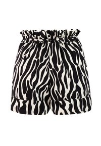 Pantalones cortos con estampado de cebra en blanco y negro, con cintura elástica fruncida, confeccionados en tela suave, con un ajuste suelto y puños doblados.