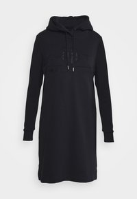 Robe sweat à capuche longue noire avec logo en relief sur le devant et cordon de serrage à la capuche, avec poignets côtelés et ourlet droit.