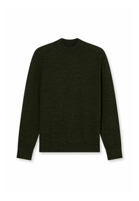 Dunkelgrüner Pullover mit Rundhalsausschnitt, langen Ärmeln und gerippten Bündchen. Die Textur wirkt weich und gestrickt, mit einem dezenten melierten Muster.