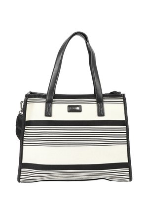 Sac à main rectangulaire rayé noir et blanc avec deux anses noires et une petite plaque métallique avec logo en haut au centre.