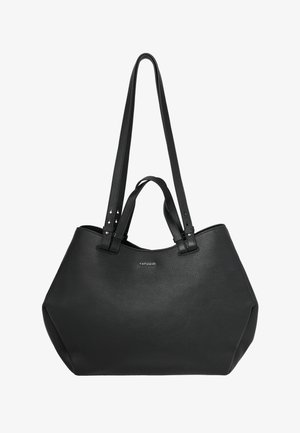Fekete, texturált bőr nagy kézitáska két rövid fogóval és két állítható hosszú vállpánttal.