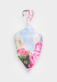 Top halter floral com um fundo azul, rosas cor-de-rosa e detalhes brilhantes. Alças ajustáveis de várias cores no pescoço.