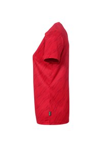 Rød kortærmet skjorte med et struktureret mønster og en lige skæring, lavet af et let stof med et grønt labeldetalje ved kanten.