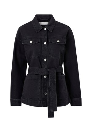 Black denim jacket with long sleeves, button-up front, two chest flap pockets, two lower pockets, and a matching fabric belt at the waist.