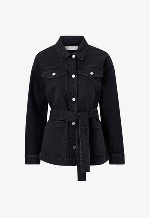Black denim jacket with long sleeves, button-up front, two chest flap pockets, two lower pockets, and a matching fabric belt at the waist.