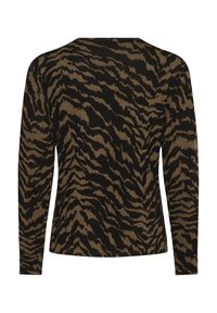 Pikad varrukad sviiter kudumisest, millel on must ja pruun tiigri triibumuster. Lihtne ümar kaeluse disain, pehme tekstuur ja kitsas lõige.