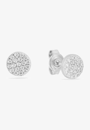 Boucles d'oreilles rondes en argent ornées d'un groupe de petits cristaux transparents, créant une surface texturée scintillante. Attache sécurisée incluse.