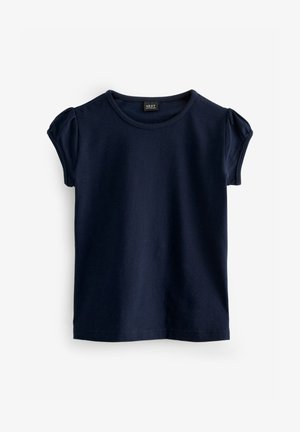 T-shirt à manches courtes bleu marine en coton doux, avec un col rond et des manches légèrement bouffantes. Texture lisse sans imprimés.