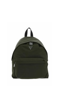 Sac à dos vert foncé avec poche avant zippée, double fermeture éclair sur le compartiment principal, boucle de transport noire et logo Guess sur le devant.