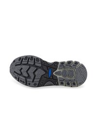 Sole di scarpa da corsa nera e grigia con modelli di battistrada testurizzati, accentuazione centrale blu e bordi rinforzati per un'aderenza e una durabilità elevate.