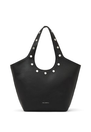Czarna skórzana torba tote z okrągłym otwarciem, srebrnymi ćwiekami na uchwytach oraz minimalistycznym designem. Posiada logo u podstawy.