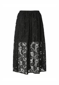 Jupe en dentelle noire avec taille élastique, superposition en dentelle florale et doublure intérieure pour plus de couvrance. Longueur plus longue, design fluide.