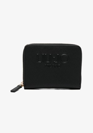 Portafoglio nero testurizzato con zip con logo "LIU JO MILANO" in rilievo sulla parte frontale e tiretto della cerniera color oro, forma rettangolare.