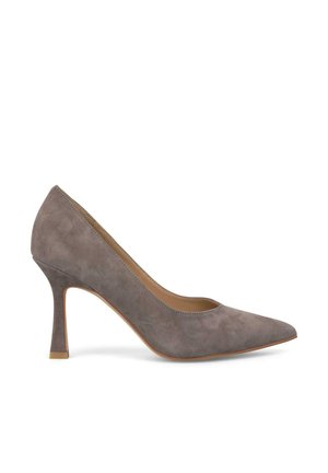 Pump in pelle scamosciata grigia con punta affusolata e sottile tacco a stiletto, caratterizzata da una texture liscia e un design semplice e pulito.