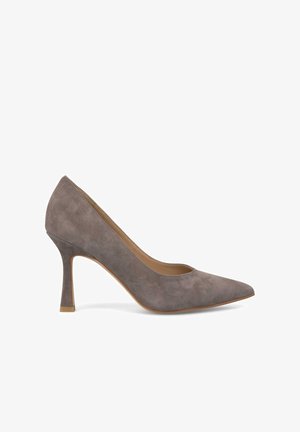 Pompe à talon aiguille en suede gris, à bout pointu et talon slim, avec une texture lisse et un design simple et épuré.