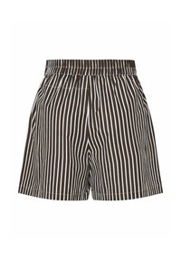 Bruna och vita randiga shorts med elastisk midja, med vertikala ränder och ett lätt tyg.