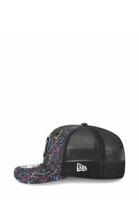 Black cap with colorful splatter pattern; mesh backing; curved visor; features bold embroidered logo on front and brand logo on side.