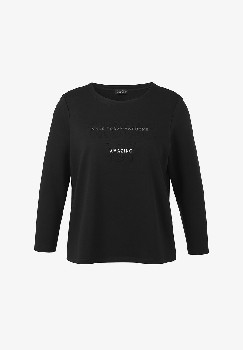 Zwart langemouw T-shirt van zachte stof met verhoogde tekst "MAAK VANDAAG GEWELDIG" en "GEWELDIG" in contrasterend wit.