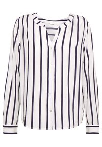 Blouse blanche à manches longues avec rayures verticales noires, col rond, boutonnage sur le devant et poignets étroits rayés.