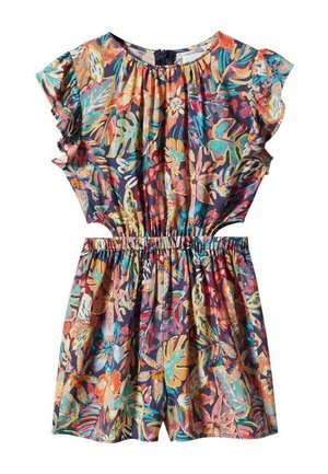 Blumenmuster Jumpsuit mit kurzen Rüschensäumen, elastischem Bund und lebendigen Farben wie Türkis, Orange, Pink und Gelb.