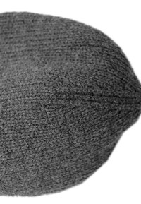 Gray knitted beanie featuring a rounded shape and textured fabric, with visible stitching and a smooth finish at the top.