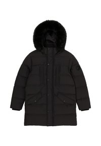 Zwarte gewatteerde jas met een capuchon gevoerd met bont, voorzien van een ritssluiting en knopen, zijzakken, en een patch-logo op de mouw.