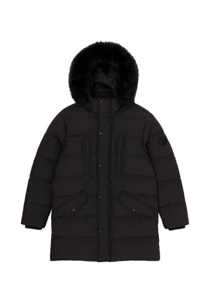Czarna pikowana kurtka z kapturem wyłożonym futrem, zapinana na zamek i guziki, z bocznymi kieszeniami oraz naszywką z logo na rękawie.