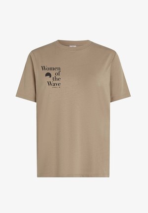 Beige cotton t-shirt with short sleeves and a crew neckline. Features black text: "Women of the Wave" and logo on the front.