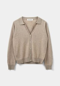 Cardigan beige con scollo a V, maniche lunghe e chiusura a bottoni. Realizzato in materiale morbido con polsini e orlo a coste. Senza motivi o dettagli.