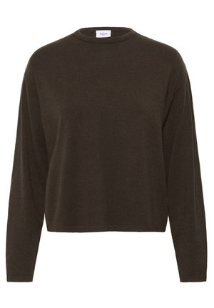 Pull en olive foncé, à manches longues, avec une texture côtelée, col rond et coupe ample. Fabriqué en matériau doux et léger.