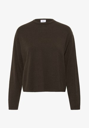 Pull en olive foncé, à manches longues, avec une texture côtelée, col rond et coupe ample. Fabriqué en matériau doux et léger.