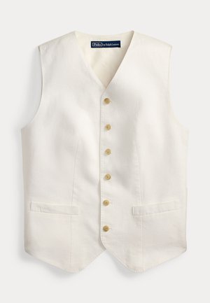 Επίσημο γιλέκο σε κρεμ χρώμα με πέντε μπεζ κουμπιά, δύο εμπρόσθιες τσέπες με φάσα και γιακά V-neck από την Polo by Ralph Lauren.