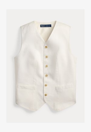 Kreemikarva valge formaalne vest, millel on viis beežikat nuppu, kaks eesmist lamedat taskut ja V-kaelusega krae, kaubamärgilt Polo by Ralph Lauren.
