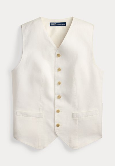 Επίσημο γιλέκο σε κρεμ χρώμα με πέντε μπεζ κουμπιά, δύο εμπρόσθιες τσέπες με φάσα και γιακά V-neck από την Polo by Ralph Lauren.