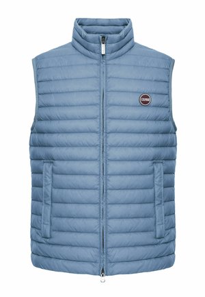 Gaiši zila, izšūta bezroku veste ar stāvošu apkakli, priekšējo rāvējslēdzēju, divām sānu kabatām un apaļu "Colmar" logotipu uz krūtīm.