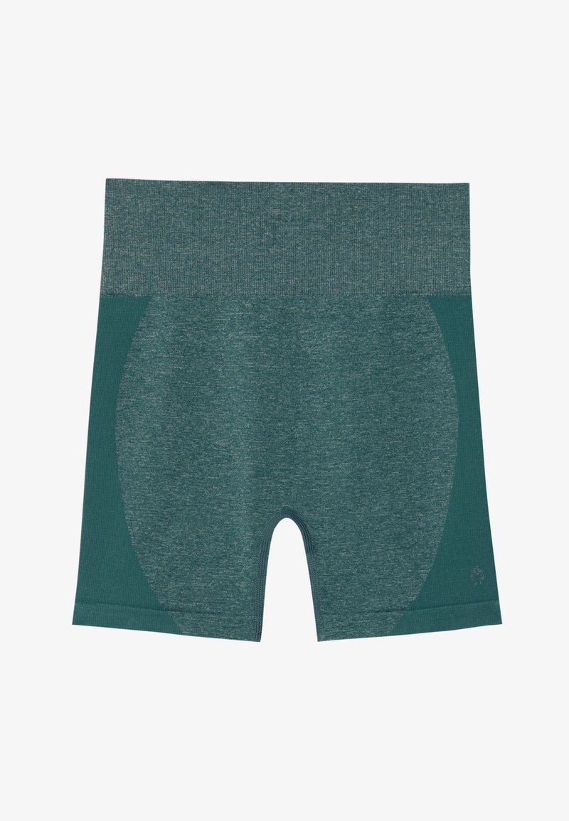 Türkise Sportshorts aus einem strukturierten, elastischen Stoff mit einem breiten Bund und verstärkten Seitenteilen für zusätzlichen Halt.