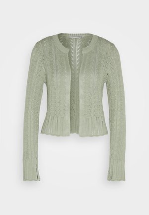 Cardigan a maglia verde chiaro con un design testurizzato, apertura frontale e maniche lunghe con bordi a forma di scallop. Forma semplice e cropped.