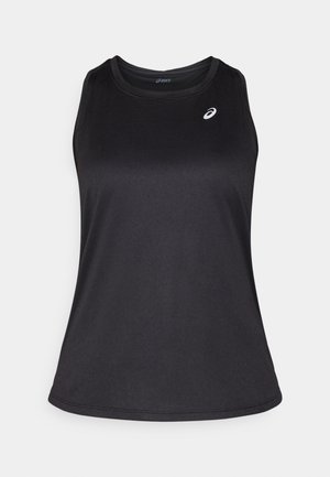 Crni atletski bezrukavnik napravljen od lagane, prozračne tkanine. Ima okrugli izrez i diskretni logo na gornjoj lijevoj strani.