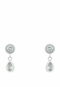 Silberne Tropfohrringe mit einem runden Kristallstecker und einem hängenden, birnenförmigen Kristall, klar mit minimalen Reflektionen, die ein elegantes Design präsentieren.
