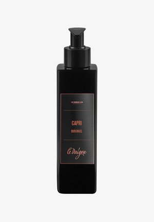 Schwarze rechteckige Pumpflasche mit der Aufschrift "Capri Duschgel" von Le Duigou Spa, Duschgel mit roségoldener Schrift und minimalistischem Design.