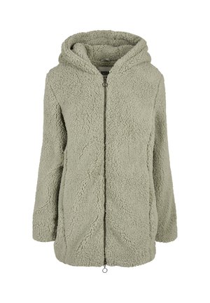 Svetlosivá bunda zo sherpa fleecu s celým predným zipsom a kapucňou, zobrazená na bielom pozadí.