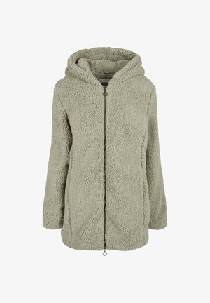 Svetlosivá bunda zo sherpa fleecu s celým predným zipsom a kapucňou, zobrazená na bielom pozadí.